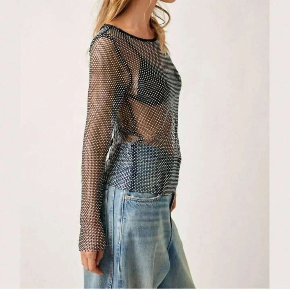 NEW Free People Filter Finish Long Sleeve Netted Rhinestone Top Navy Small